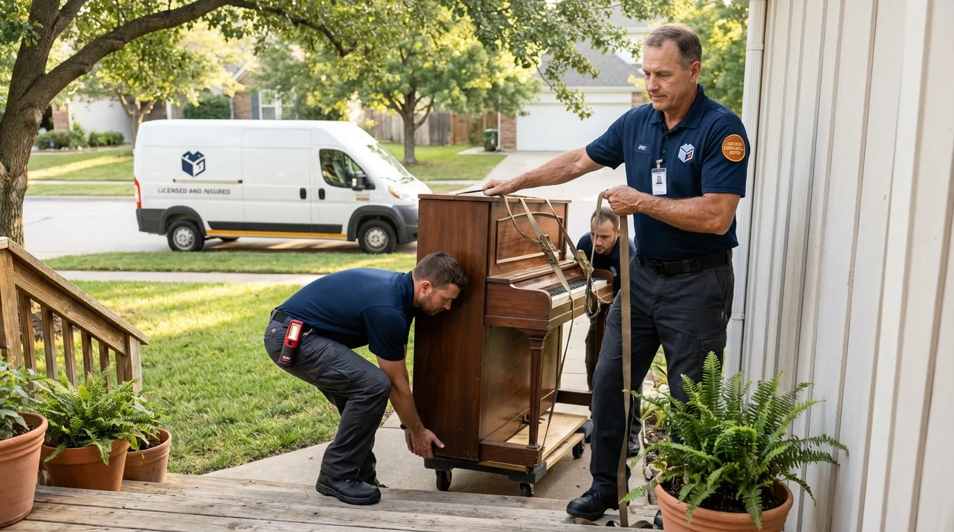 Licensed piano movers securing grand piano in Fairburn, GA